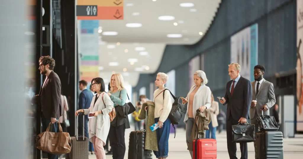 Travellers with luggage at an airport departure terminal