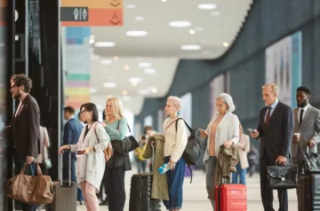 Travellers with luggage at an airport departure terminal