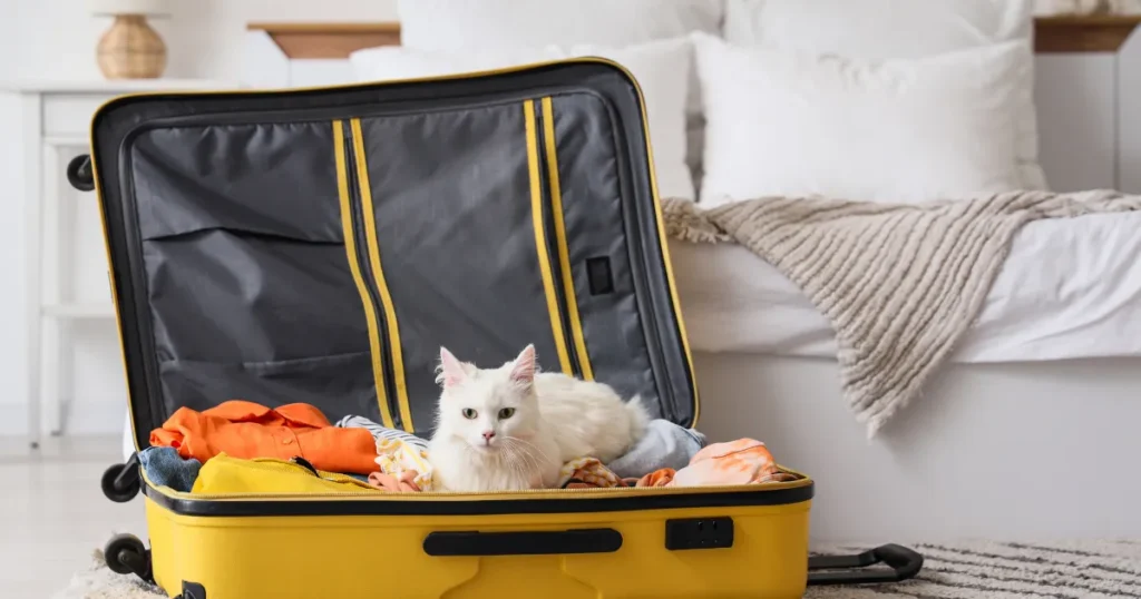 Cat sitting in an open suitcase ready for travel