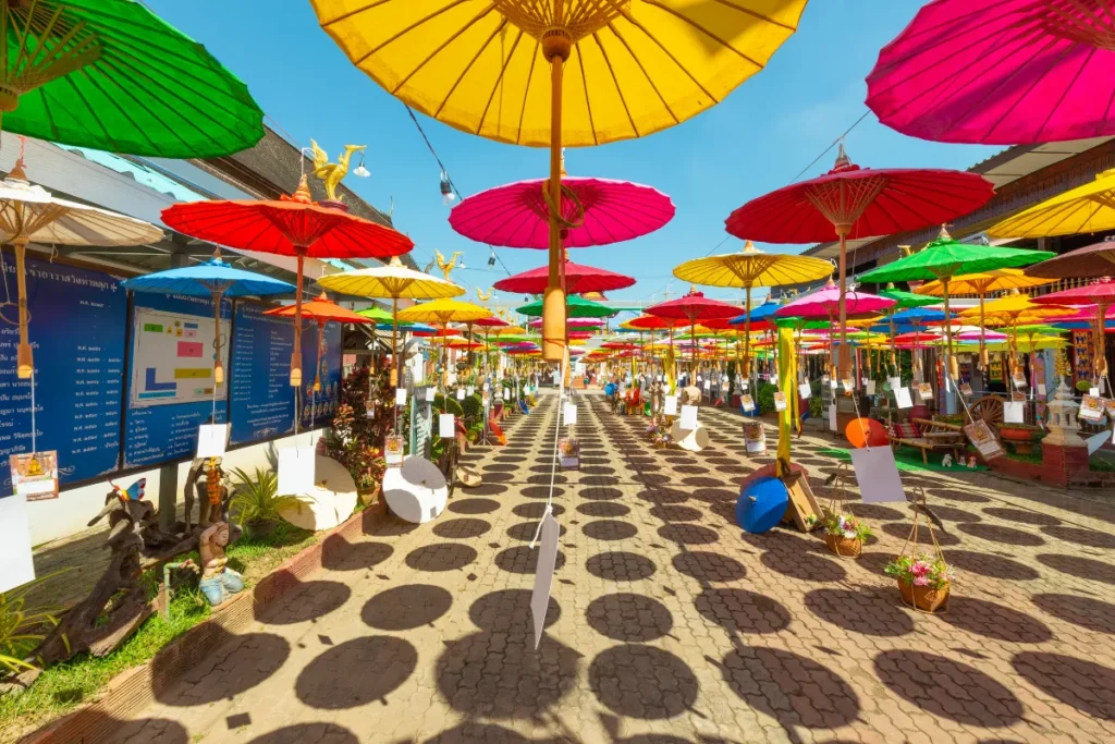 Colourful umbrella street market in Chiang Mai, Thailand