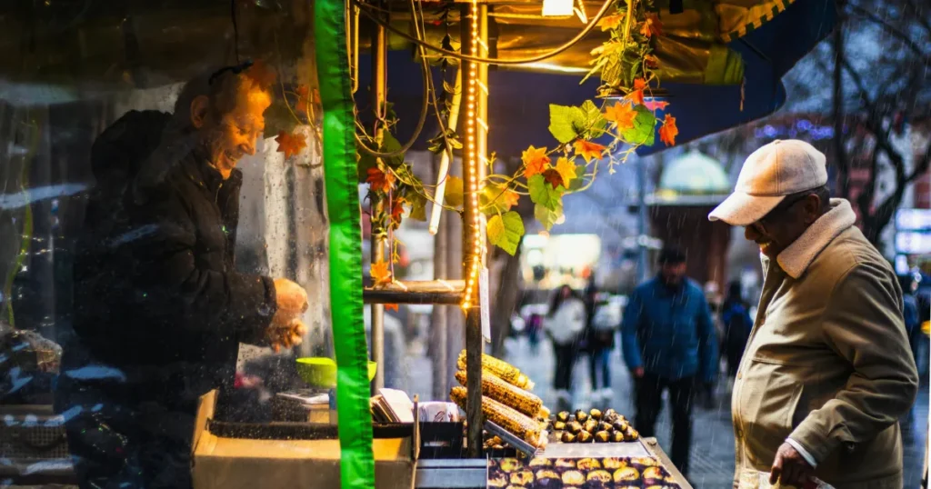 European chestnut vendor at a street market