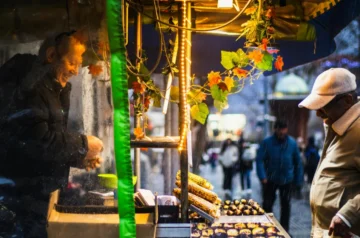 European chestnut vendor at a street market