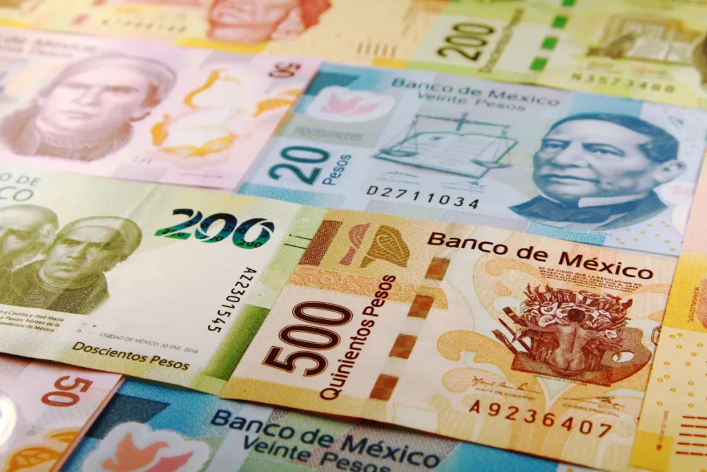 Close-up of Mexican peso bills
