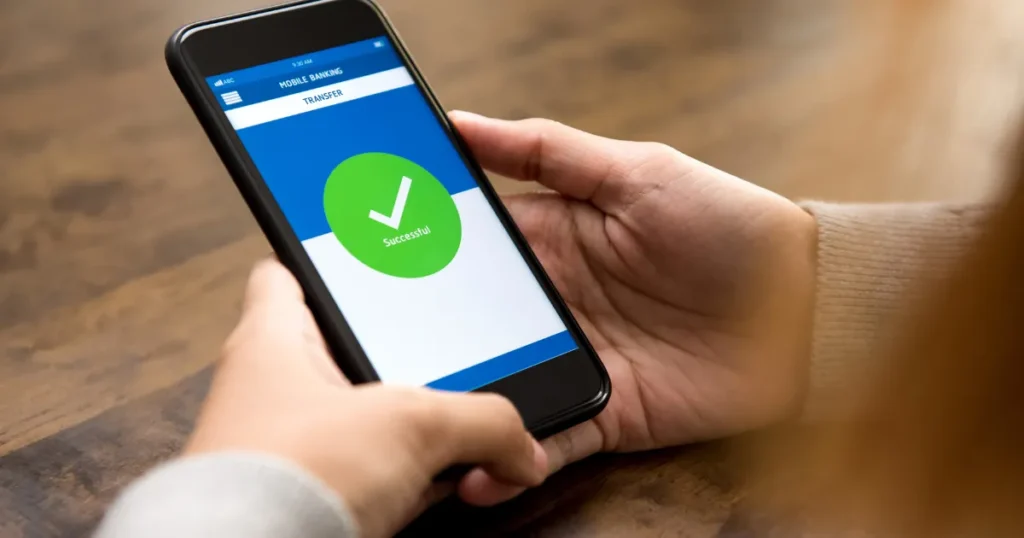 Phone screen showing a confirmed payment with green checkmark