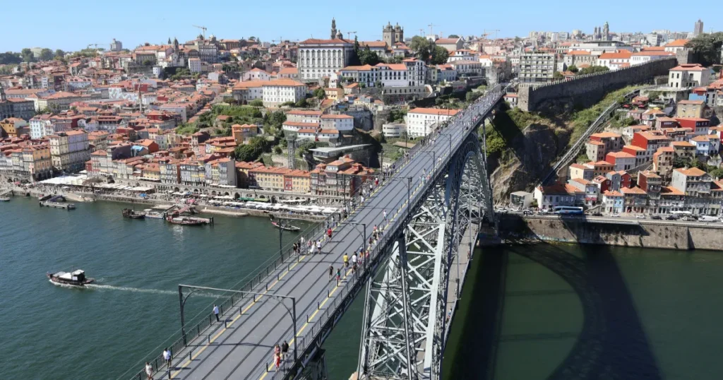 Aerial daytime view of Dom Luis I Bridge in Porto, Portugal