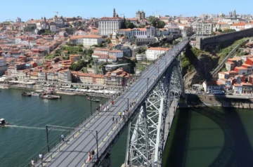 Aerial daytime view of Dom Luis I Bridge in Porto, Portugal