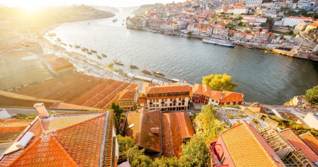 Douro River rooftops at golden hour in Porto, Portugal