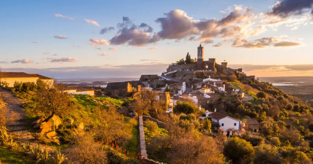 Portuguese hilltop village at sunset