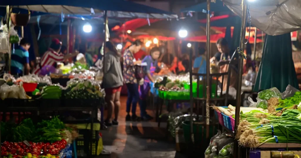 Thai night vegetable market with fresh produce