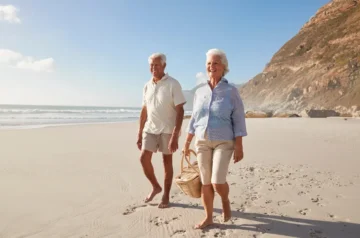 Two older men walking together on the beach